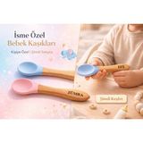 Kişiye Özel Isimli Slikon Uçlu Bebek Yemek Mama Kaşığı %100 Ahşap Organik - Mavi