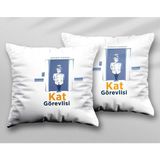 Kişiye Özel Kat Görevlisi Iki Adet Iki Tarafı Baskılı Yıkanabilir Yastık Kırlent Kılıfı - Krem - 43x43