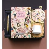 Kişiye Özel Kuş Motifli Defter & Roller Kalem & Bambu Altlıklı Beyaz Fincan & Bardak Altlığı Hediye Seti