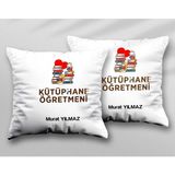 Kişiye Özel Kütüphane Öğretmeni Iki Adet Iki Tarafı Baskılı Yıkanabilir Yastık Kırlent Kılıfı - Krem - 43x43
