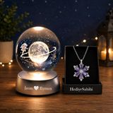Kişiye Özel Satürn Işıklı Cam Küre 8cm*6cm Lotus Kamelya Çiçeği Kolye Hediyeli