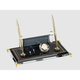 Kişiye Özel Siyah Cam Masaüstü İsimlik – Quartz Saatli, Kartvizitlikli, Çift Kalemli Premium Ofis Seti (30x16 cm)