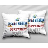 Kişiye Özel Sosyal Bilgiler Öğretmeni Iki Adet Iki Tarafı Baskılı Yıkanabilir Yastık Kırlent Kılıfı - Krem - 43x43