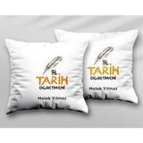 Kişiye Özel Tarih Öğretmeni Klm Ty Iki Adet Iki Tarafı Baskılı Yıkanabilir Yastık Kırlent Kılıfı - Krem - 43x43
