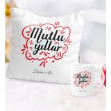Kişiye Özel Yılbaşı Mutlu Yıllar Temalı Yastık Kupa Seti - 4 - Beyaz