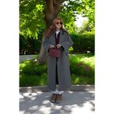 Kışlık Astarlı Balık Sırtı Detaylı Kadın Kaşmir Kaban - Füme - 2XL