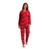 Kışlık Yılbaşı Desenli Kadın Gömlek Polar Pijama Takımı- Geyikli Yılbaşı Pijaması Kırmızı L