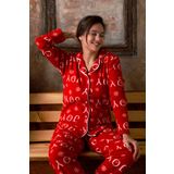 Kışlık Yılbaşı Desenli Kadın Gömlek Polar Pijama Takımı- Geyikli Yılbaşı Pijaması