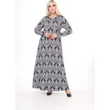 Kısmet Sepeti Kadın Büyük Beden Siyah Beyaz Motif Desenli Viskon Penye Şık Elbise - 46S-Siyah - 5XL