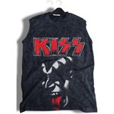 Kiss Baskılı Yıkamalı Kolsuz Tişört, Unisex Rock Band Temalı Sıfır Kol Vintage Atlet - Siyah - 3XL
