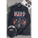 Kiss Ense Baskılı Yıkamalı Kolsuz Tişört, Unisex Rock Band Temalı Sıfır Kol Vintage Atlet - Siyah - XL