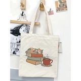 Kitap Kedi Ve Çay Tasarım Ham Bez Tote Bag Çanta, Pinterest Çanta, Kitap Çantası - 10D-Krem