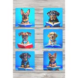 Kitap Okuyan Sevimli Köpekler Baskılı 6'lı Set Dekoratif Ahşap Kare Bardak Altlığı - Tek Ebat