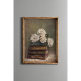 Kitaplar Üzerinde Beyaz Güller – Vintage Desenli Çerçeve – İnce Model, Altın1, 15 x 21