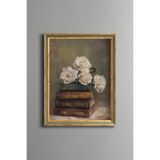 Kitaplar Üzerinde Beyaz Güller – Vintage Desenli Çerçeve – İnce Model, Altın4, 30 x 40