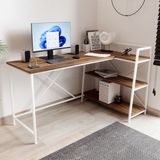 Kitaplıklı Çalışma Masası Bilgisayar Masası L Masa - Çam - Beyaz - 60*150 Cm