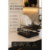 KITCHBATH 2 Katlı Tezgah Üstü Paslanmaz Metal Bulaşıklık, Büyük Boy Premium Tabaklık Kurutmalık Sepeti Plastik Tepsili Kaşıklıklı Tabak Sepeti