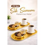 Kitchen Beauty 2'li Gold Oval Sunumluk Tepsi Metal Servis Tepsisi Kahve Sunum Tepsisi