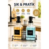 Kitchen Beauty 2'Li Lüks Bambu Kulplu Metal Standlı Cam Sıvı Sabunluk Deterjanlık Mutfak Banyo Organizer 500ml