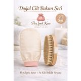 Kitchen Beauty 2’li Set Ekru Banyo Duş Kesesi Peeling Eldiveni %100 Floş Ipek & Doğal At Kılı Selülit Fırçası