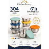 Kitchen Beauty Paslanmaz 304 Çelik 6'Lı Sosluk Silikon Kapaklı Hava Geçirmez Kase Kahvaltılık Sos Saklama Kabı