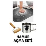 Kitchen Design Lab 45x65 Cm Silikon Hamur Açma Matı, Çelik Un Eleği ve Ahşap Saplı Hamur Açıcı