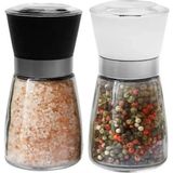 Kitchen Design Lab Baharat Öğütücüsü 10 cm Cam Gövdeli Kapaklı 10 cm Baharat Öğütücüsü 2 Adet Siyah Beyaz Tuz Karabiber Değirmeni Ergonomik Kullanım