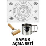 Kitchen Design Lab Beyaz 45X65 cm Silikon Hamur Açma Matı, Çelik Un Eleği ve Ahşap Saplı Hamur Açıcı - Antrasit