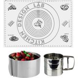 Kitchen Design Lab Beyaz 45X65 cm Silikon Hamur Açma Matı, Çelik Un Eleği ve Ayarlanabilir Yuvarlak Pasta Kalıbı - Antrasit