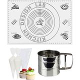 Kitchen Design Lab Beyaz 45X65 cm Silikon Hamur Açma Matı, Çelik Un Eleği ve Kullan At Krema Sıkma Torbası Seti - Antrasit