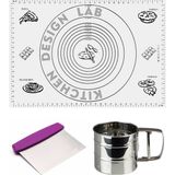 Kitchen Design Lab Beyaz Silikon Ölçülü Çok Amaçlı Hamur Açma Matı 45 cm x 65 Cm, Çelik Un Eleği ve Çelik Hamur Kesici - Antrasit