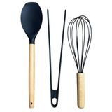 Kitchen Design Lab Büyük Boy Silikon Set, Düz Spatula, Maşa, Ahşap Çırpıcı Seti 3 Adet, Antrasit