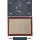 Kitchen Design Lab Fırın Pişirme Altlığı, Gri Ölçülü Hamur Açma Matı 45 x 65 Cm, Bambu Saplı Silikon Merdane