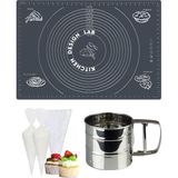 Kitchen Design Lab Gri 45X65 cm Silikon Hamur Açma Matı, Çelik Un Eleği ve Kullan At Krema Sıkma Torbası Seti - Antrasit
