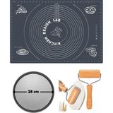 Kitchen Design Lab Gri Silikon Hamur Açma Matı 45 cm x 65 cm ,28 cm Pizza Tepsisi ve Ahşap Saplı Hamur Açıcı