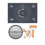 Kitchen Design Lab Gri Silikon Hamur Açma Matı 45 x 65 cm, 32 cm Pizza Tepsisi, Ahşap Saplı Hamur Açıcı, 3 Parça Set