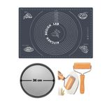 Kitchen Design Lab Gri Silikon Hamur Açma Matı 45 x 65 cm, 36 cm Pizza Tepsisi, Ahşap Saplı Hamur Açıcı Seti