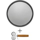 Kitchen Design Lab Küçük Boy Delikli Pizza Tepsisi Lahmacun Pide Tepsisi 28 cm ve Çift Başlıklı Pizza Ruleti - Metalik