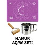 Kitchen Design Lab Mor 45X65 cm Silikon Hamur Açma Matı, Çelik Un Eleği ve Ahşap Saplı Hamur Açıcı - Antrasit