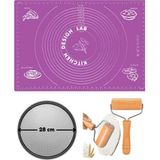 Kitchen Design Lab Mor Silikon Hamur Açma Matı 45 x 65 Cm, 28 cm Pizza Tepsisi ve Ahşap Saplı Hamur Açıcı