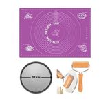 Kitchen Design Lab Mor Silikon Hamur Açma Matı 45 x 65 cm, 32 cm Pizza Tepsisi, Ahşap Saplı Hamur Açıcı Seti