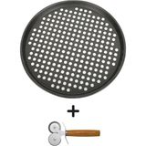 Kitchen Design Lab Paslanmaz Karbon Çelik, Delikli, Yanmaz 32 cm Büyük Boy Pizza ve Lahmacun Tepsisi ve Pizza Ruleti