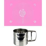 Kitchen Design Lab Pembe 1. Sınıf Kaliteli Silikon Ölçülü Çok Amaçlı Hamur Açma Matı 45 cm x 65 cm ve Çelik Un Eleği - Antrasit