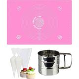 Kitchen Design Lab Pembe 45X65 cm Silikon Hamur Açma Matı, Çelik Un Eleği ve Kullan At Krema Sıkma Torbası Seti - Antrasit