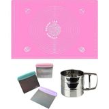 Kitchen Design Lab Pembe Silikon Ölçülü Çok Amaçlı Hamur Açma Matı 45 cm x 65 Cm, Çelik Un Eleği ve Çelik Hamur Kesici - Antrasit
