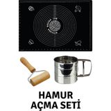 Kitchen Design Lab Siyah 45X65 cm Silikon Hamur Açma Matı, Çelik Un Eleği ve Ahşap Saplı Hamur Açıcı - Antrasit