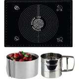 Kitchen Design Lab Siyah 45X65 cm Silikon Hamur Açma Matı, Çelik Un Eleği ve Ayarlanabilir Yuvarlak Pasta Kalıbı - Antrasit