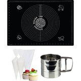 Kitchen Design Lab Siyah 45X65 cm Silikon Hamur Açma Matı, Çelik Un Eleği ve Kullan At Krema Sıkma Torbası Seti - Antrasit