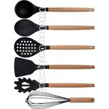 Kitchen Design Lab Siyah Bambu Saplı Silikon Servis Seti 6 Adet, Kepçe, Kaşık, Kevgir, Makarna, Açılı Spatula, Çırpıcı - Koyu Siyah