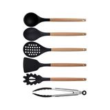 Kitchen Design Lab Siyah Bambu Silikon 6'lı Mutfak Seti, Kepçe, Kaşık, Kevgir, Makarna Kaşığı, Açılı Spatula, Metal Maşa